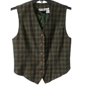 Vintage Paul Harris Design Mens Plaid Vest Green Button Front Size Medium